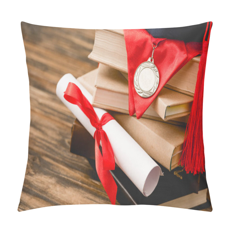 Personality  Academic Cap, Books, Medal And Diploma On Wooden Surface Pillow Covers