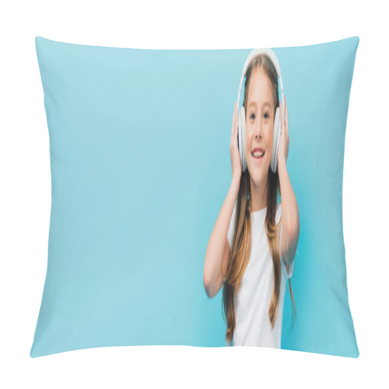 Personality  Horizontal Image Of Child In White T-shirt Touching Wireless Headphones Isolated On Blue Pillow Covers