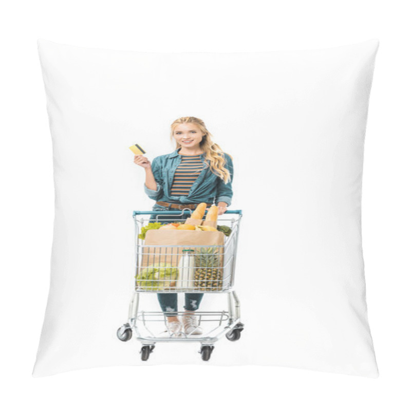 Personality  Young Woman Showing Credit Card And Carrying Shopping Trolley With Products Isolated On White Pillow Covers