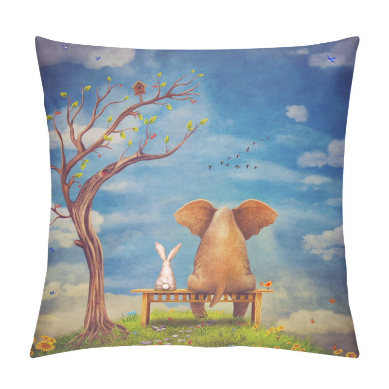 Personality  Elephant And Rabbit Sit On A Bench On The Glade Pillow Covers