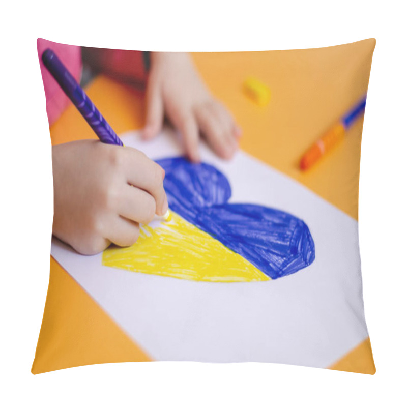 Personality  Cropped View Of Child Drawing Heart With Ukrainian Flag On Yellow Desk  Pillow Covers