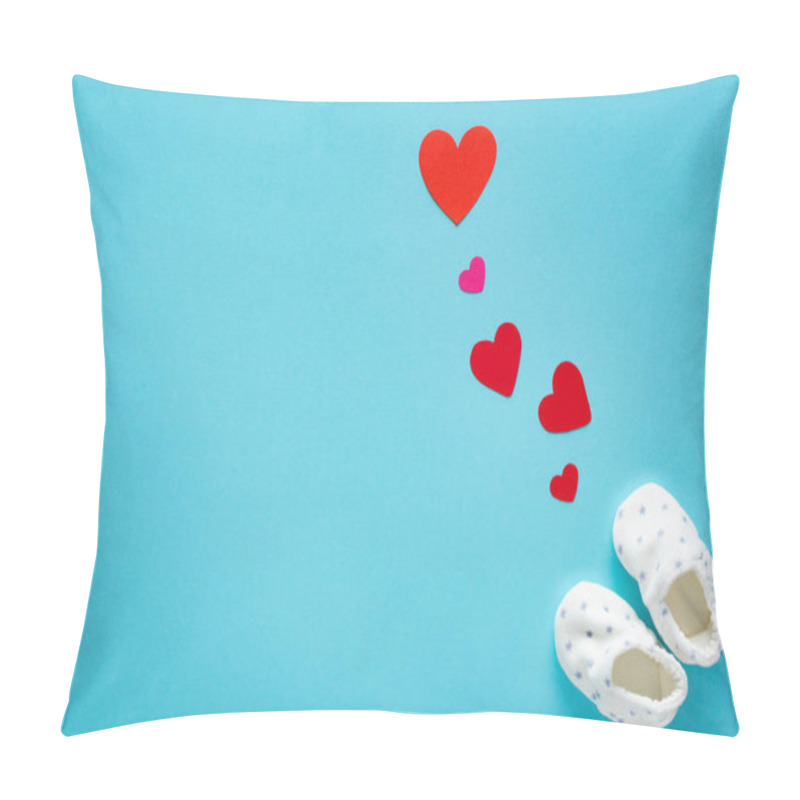 Personality  Top View Of Baby Booties With Paper Hearts On Blue Background, Concept Of Mothers Day  Pillow Covers