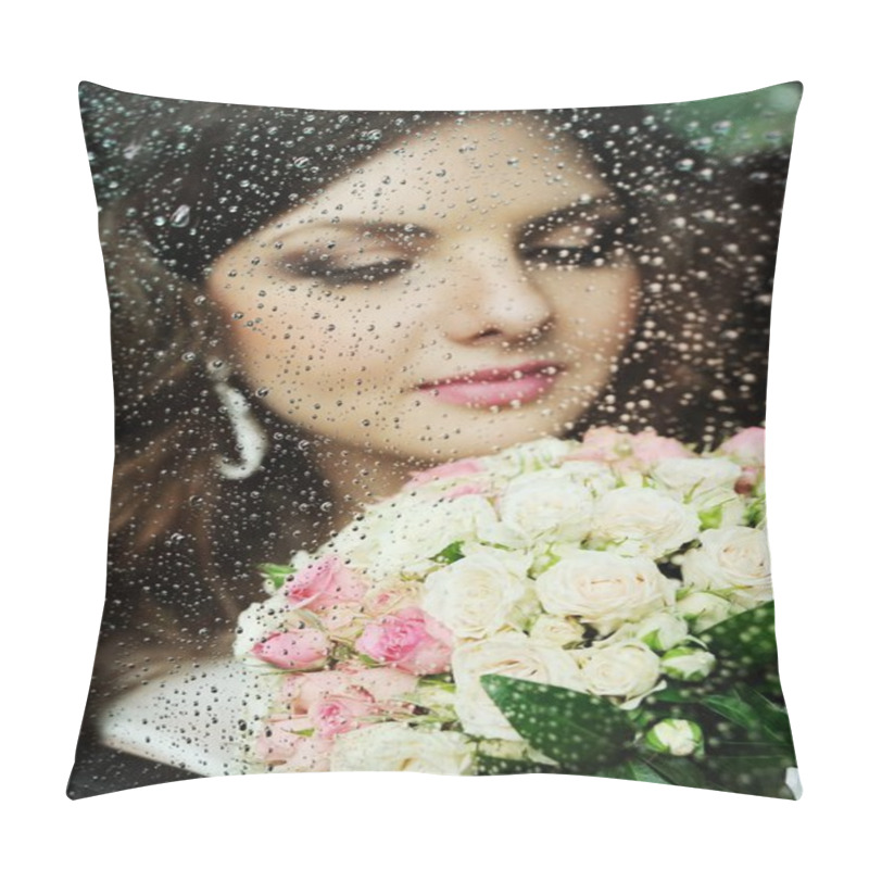 Personality  Portrait Of A Girl Behind Wet Glass. The Bride In A Wedding Car Pillow Covers