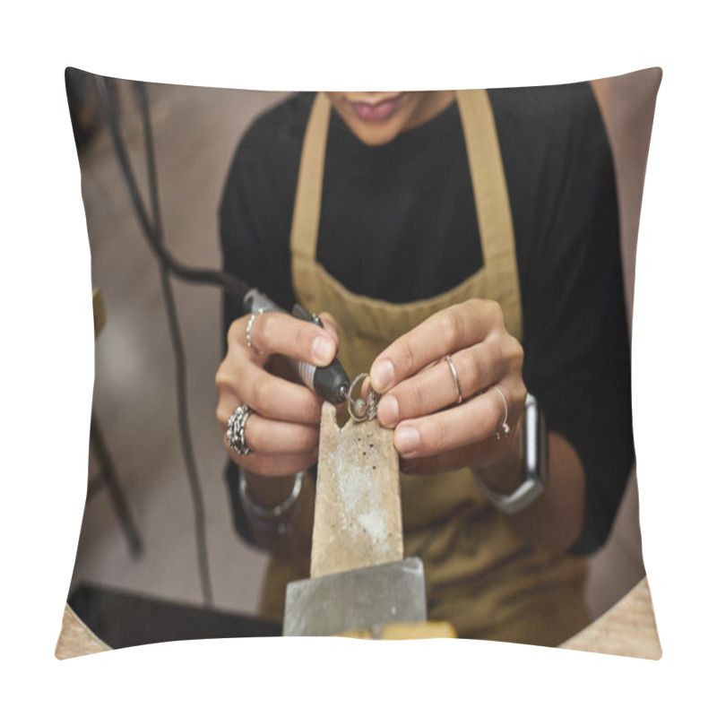 Personality  A Talented Jeweler Intricately Works On A Delicate Ring With Precision And Focus In A Workshop. Pillow Covers