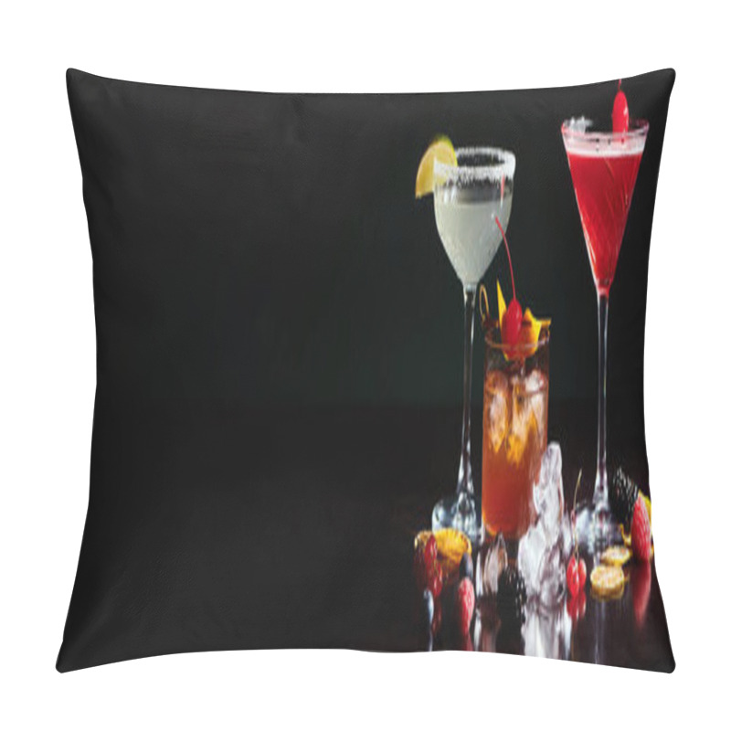 Personality  Three Sophisticated Different Cocktails Garnished With Berries And Fruits, Concept, Banner Pillow Covers