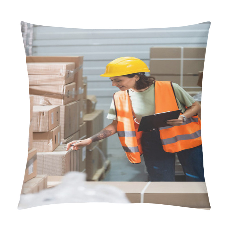 Personality  Happy Female Warehouse Worker In Hard Hat And Safety Vest Holding Clipboard Checking Inventory Pillow Covers