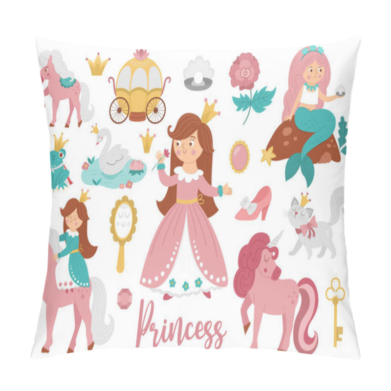 Personality  Fairy Tale Princess Collection. Big Vector Set Of Fantasy Girl, Carriage, Mermaid, Unicorn Frog Prince, Swan. Medieval Fairytale Maid Pack. Girlish Cartoon Magic Icons With Cute Pink Objects And Characters Pillow Covers