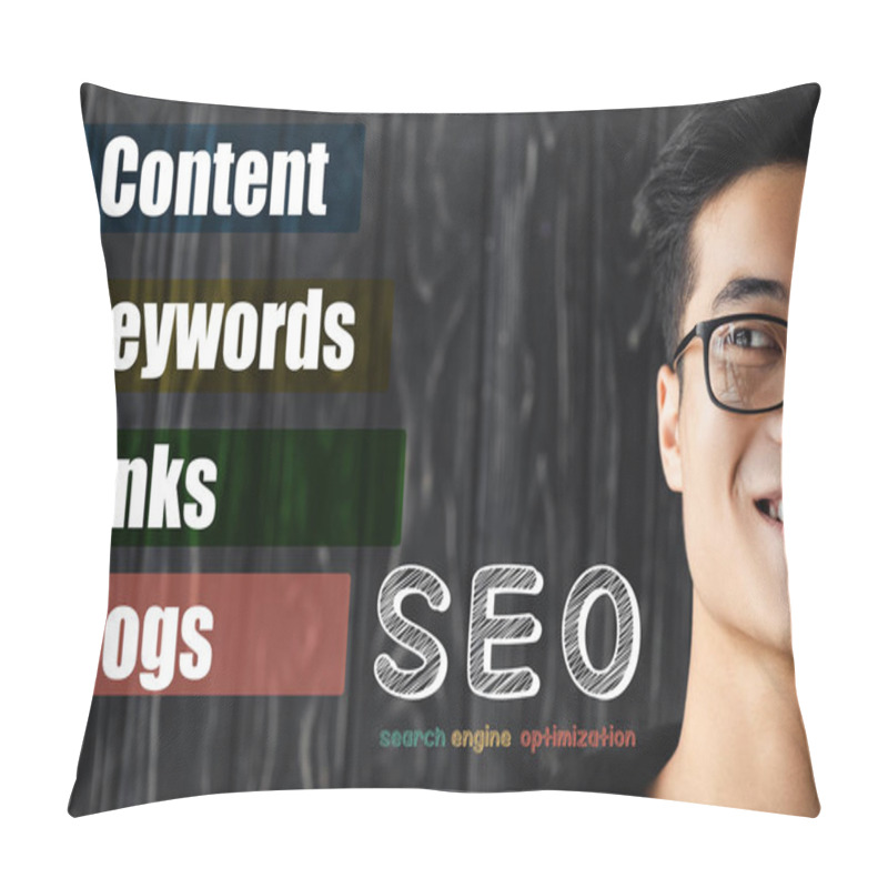 Personality  Cropped View Of Smiling Asian Seo Manager Looking At Illustration With Concept Words Of Seo  Pillow Covers