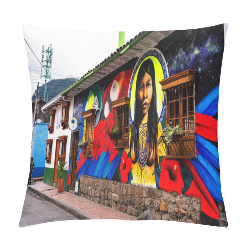 Personality  BOGOTA, COLOMBIA - NOV 10, 2019: View Of A Charming Lively Colorful Street In La Candelaria District In Old Part Of Bogota, Colombia, South America. Small Historical Townhouses Make It Wonderful. Pillow Covers