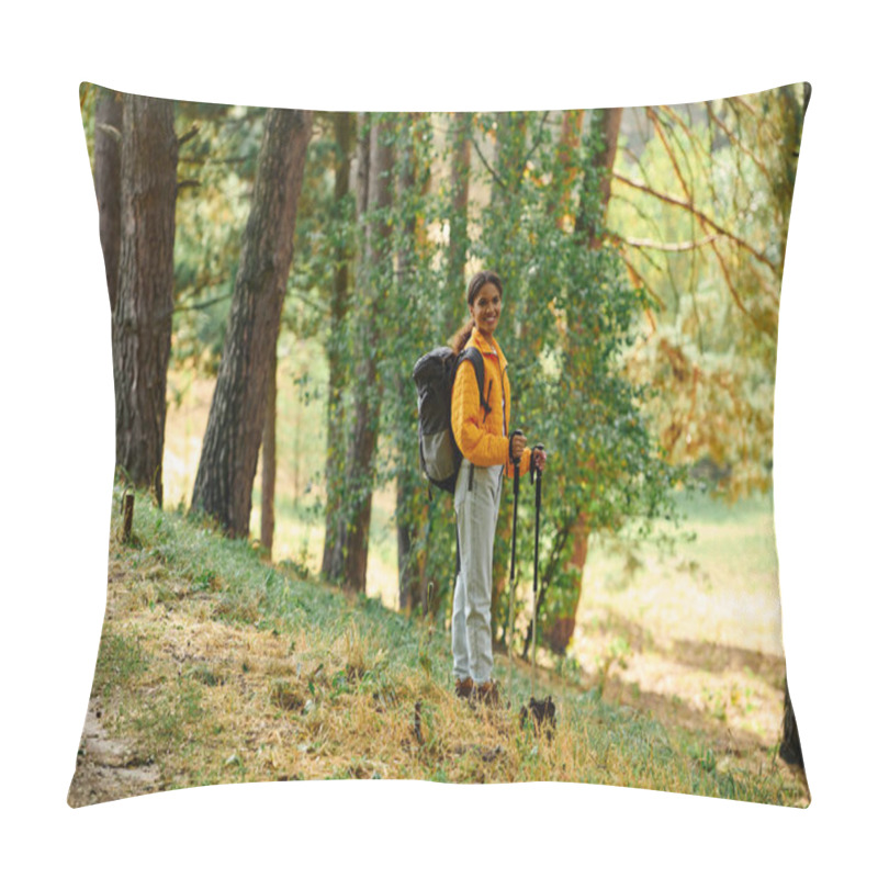 Personality  A Young African American Woman Explores A Beautiful Forest, Immersed In The Autumn Colors While Hiking. Pillow Covers