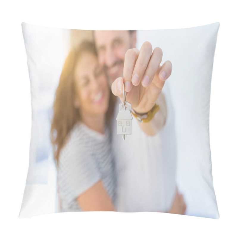 Personality  Middle Age Senior Romantic Couple Holding And Showing House Keys Pillow Covers