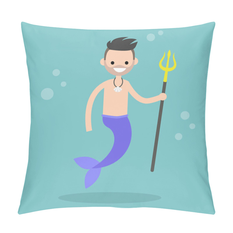 Personality  Fairytale Merman Holding A Trident / Flat Editable Vector Illust Pillow Covers