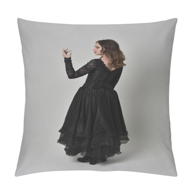 Personality  Full Length Portrait Of Brunette Girl Wearing Long Black Lace Gown Wit Corset. Standing Pose With Back To The Camera. Isolated On Grey Studio Background. Pillow Covers