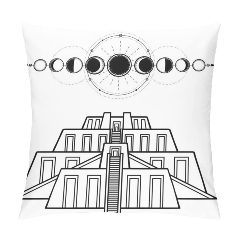 Personality  Cartoon Drawing: Ancient Sacred Zikkurat, Phases Of The Moon.  Architecture Of Babylon, Assyria, Mesopotamia. Template For Use. Vector Monochrome Illustration Isolated On White Background. Pillow Covers