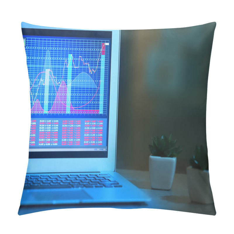 Personality  Monitor Of Laptop With Stock Data On Table Pillow Covers