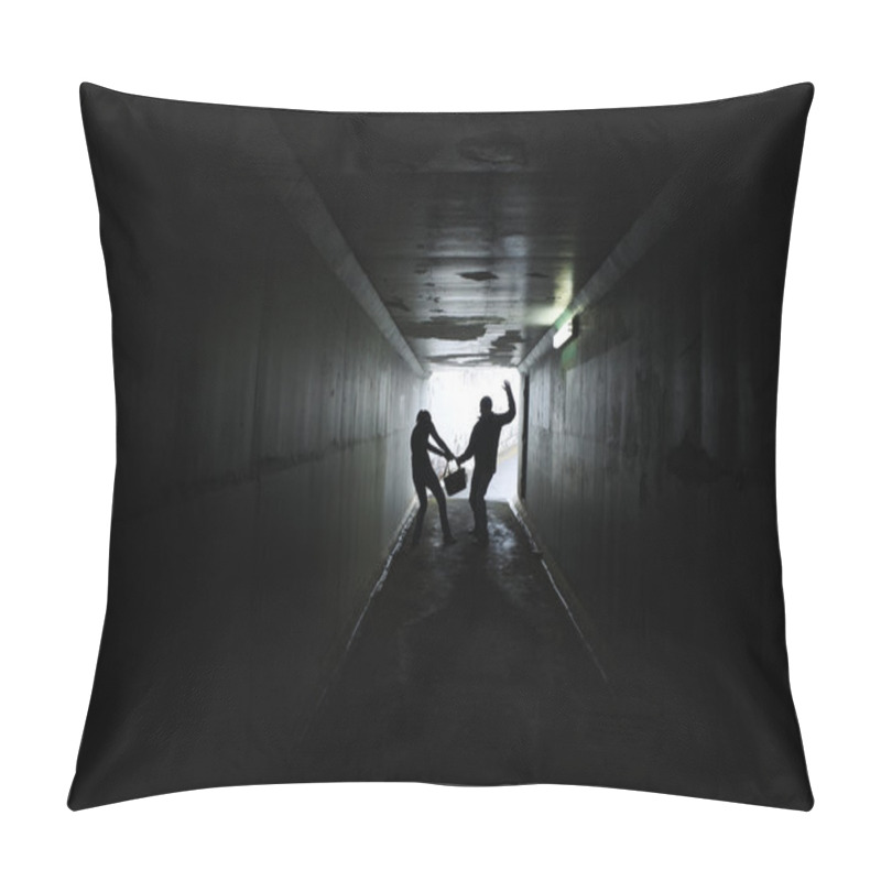 Personality  Silhouette Of A Man Thief Steals A Bag From A Woman In A Dark Tunnel. Violence Against Women Concept. Real People, Copy Space Pillow Covers