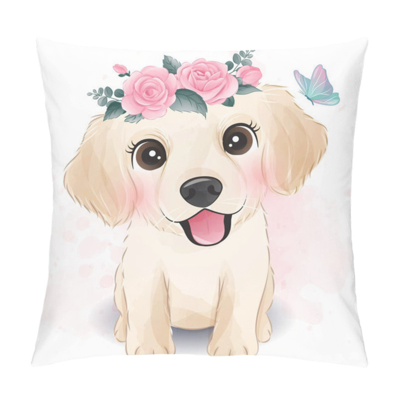 Personality  Cute Little Golden Retriever With Floral Illustration Pillow Covers