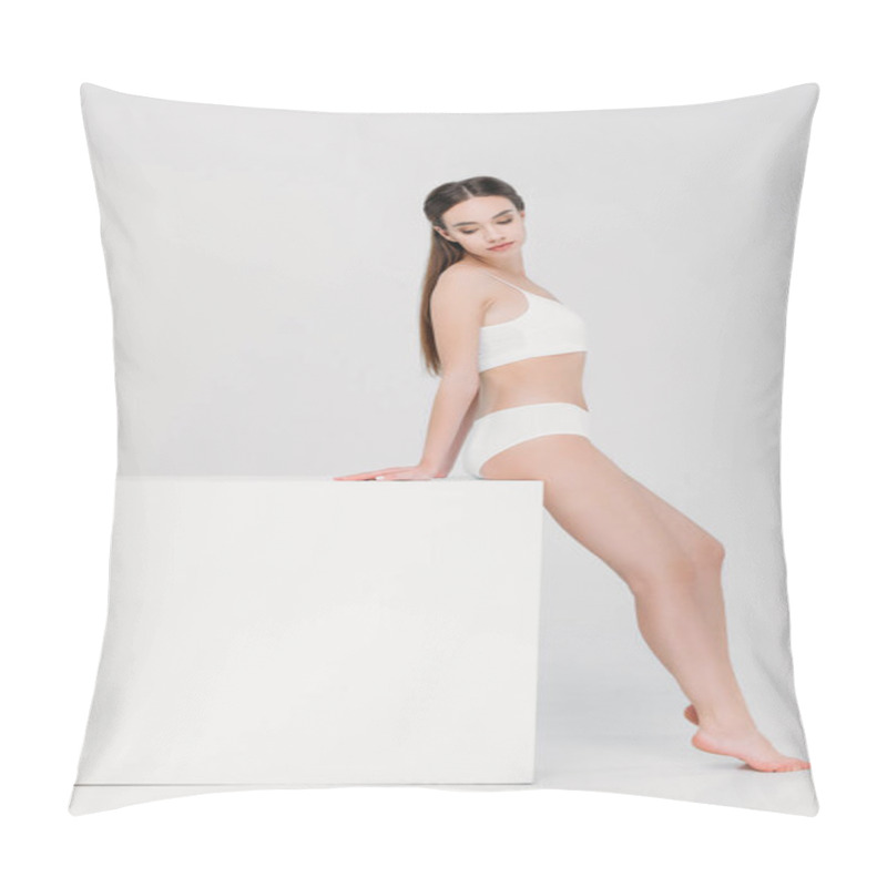 Personality  Beautiful Tender Girl In Underwear Posing Near White Cube, Isolated On Grey  Pillow Covers