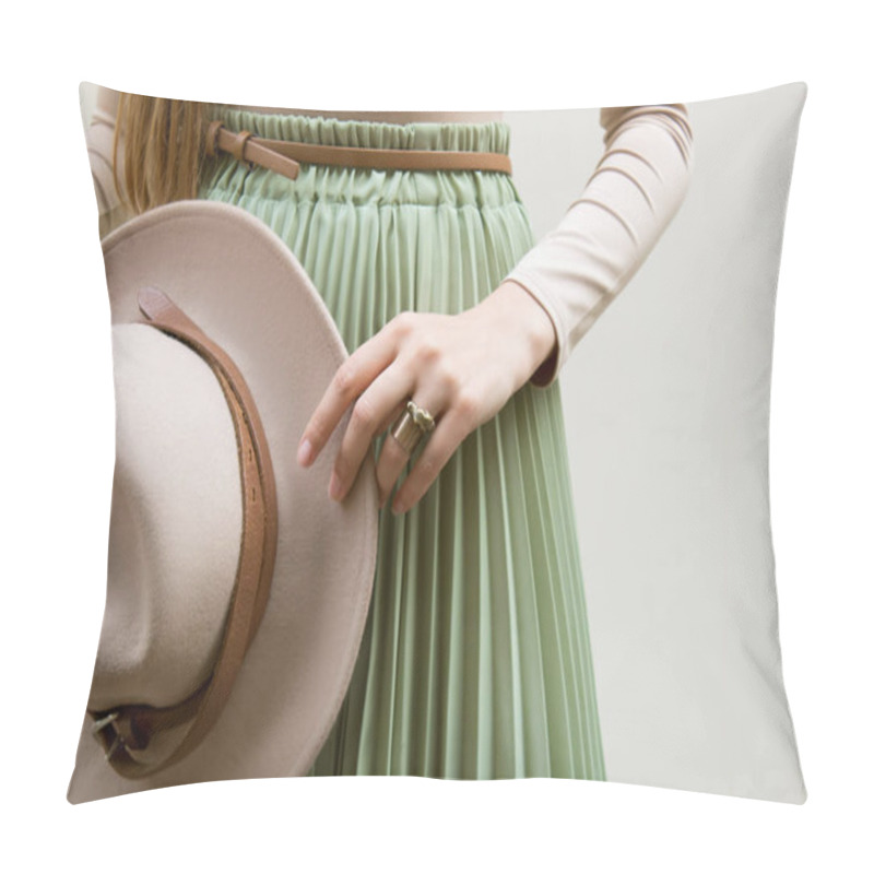 Personality  Hat, Beige Blouse And Turqoise Pleats Skirt On Light Street Backgraund.  Fashion And Stylish Concept. Pillow Covers