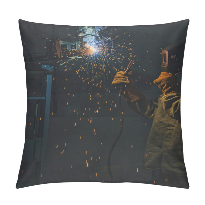 Personality  Selective Focus Of Welder In Protection Mask Working With Metal At Factory  Pillow Covers