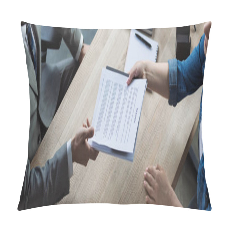 Personality  Top View Of Businessman And Woman Holding Resume On Job Interview In Office, Banner  Pillow Covers