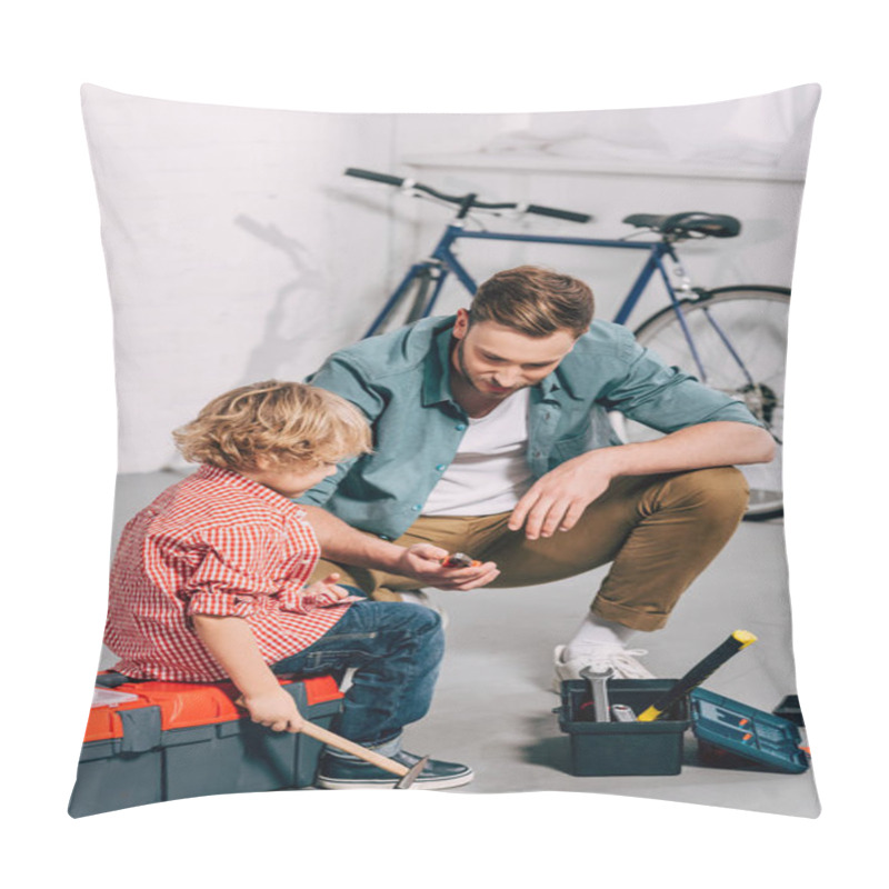 Personality  Man Holding Pliers And Sitting With Little Son Sitting Near Opened Tools Boxes In Bicycle Workshop Pillow Covers