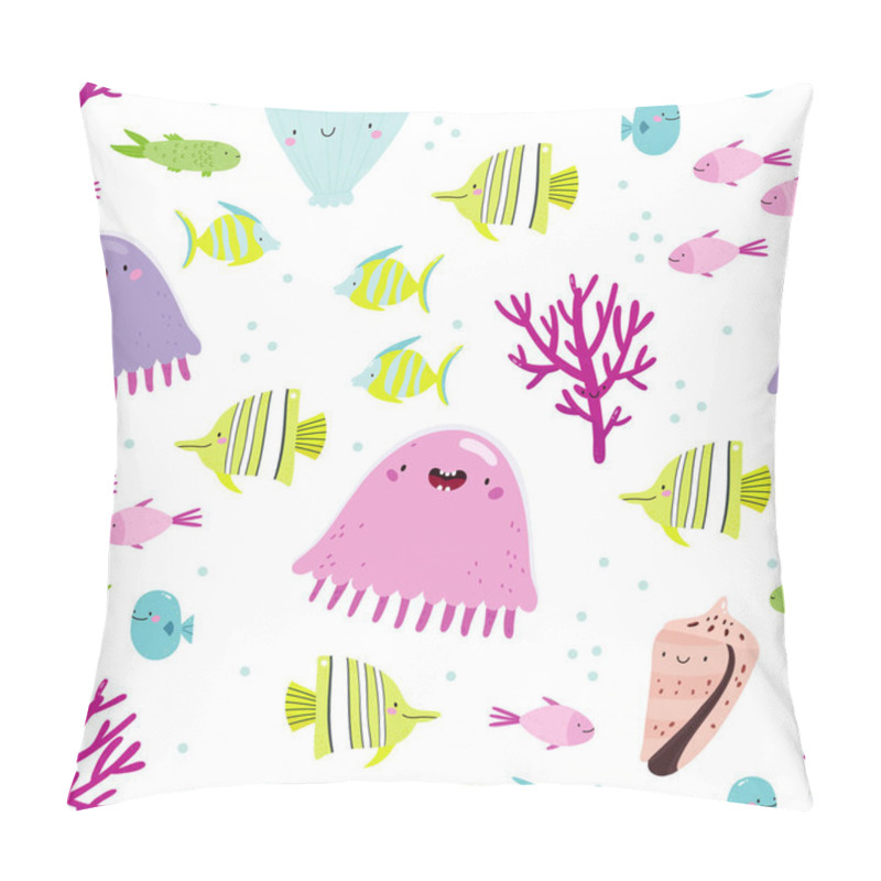 Personality  Super Cute Seamless Pattern With Undersea World. Funny Vector Background With Smiley Jellyfis, Fish, Coral, Shell. Hand Drawn Sea Creatures Texture Pillow Covers