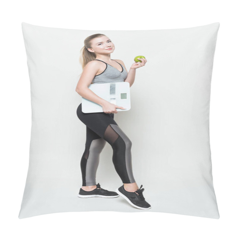 Personality  Young Woman In Sports Top Holding Apple And Scales Isolated On White Pillow Covers