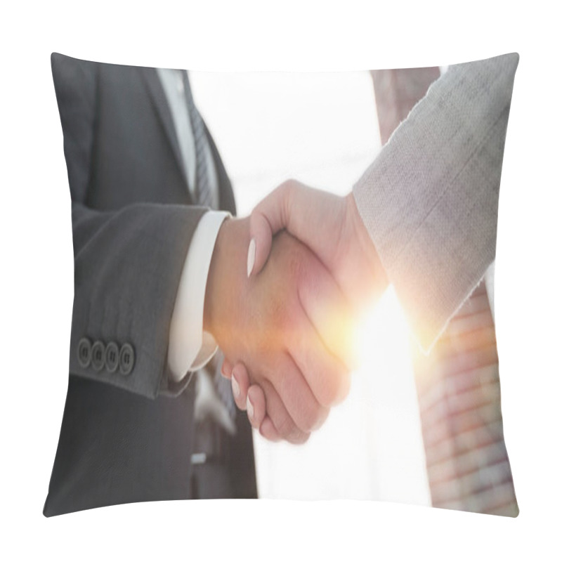 Personality  Excited Smiling Businessman Handshaking Partner At Meeting, Pillow Covers