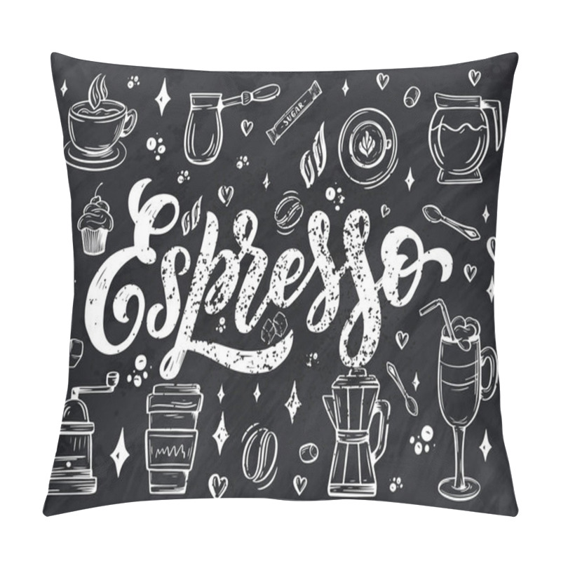 Personality  Hand Lettering Name Of Coffee With Sketch For Coffee Shop Or Cafe. Hand Drawn Vintage Typography Phrase, Isolated On White Background. Vector Pillow Covers