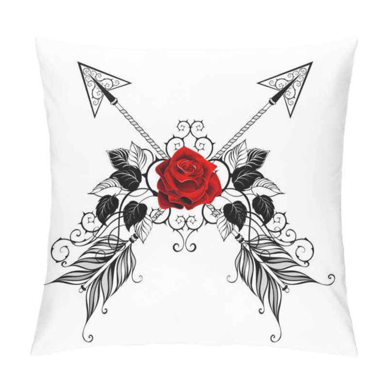 Personality  Two Crossed, Patterned Arrows Decorated With Red, Blooming Roses With Black Leaves And Stems On White Background. Tattoo Style. Pillow Covers