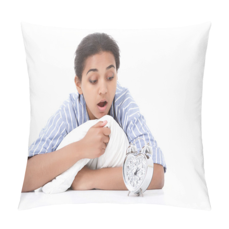 Personality  Lying Lady Looking With Amazement At Alarm Clock Pillow Covers