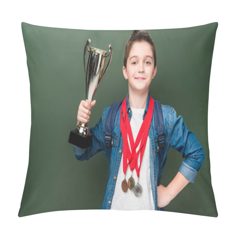 Personality  Schoolboy With Medals Holding Winner Cup Near Blackboard Pillow Covers