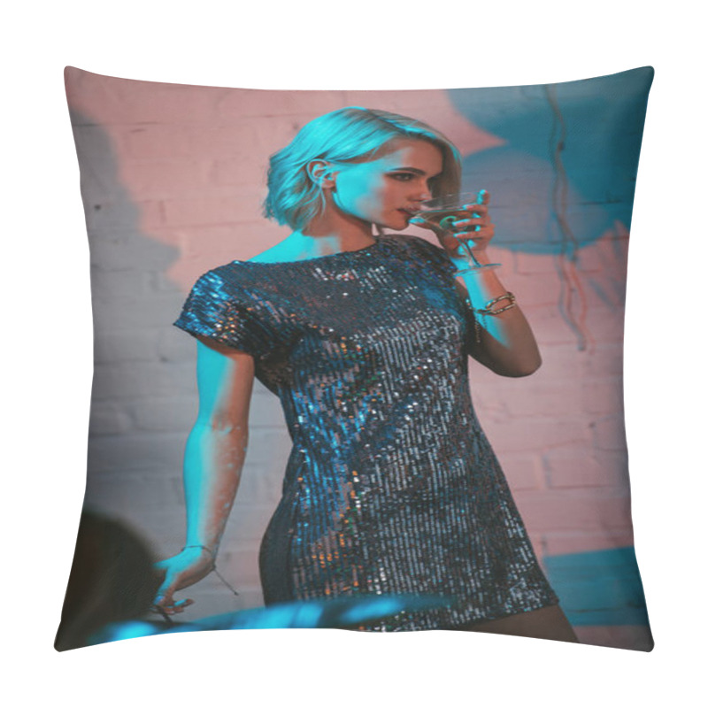 Personality  Attractive Blonde Girl Drinking Cocktail At Party Pillow Covers