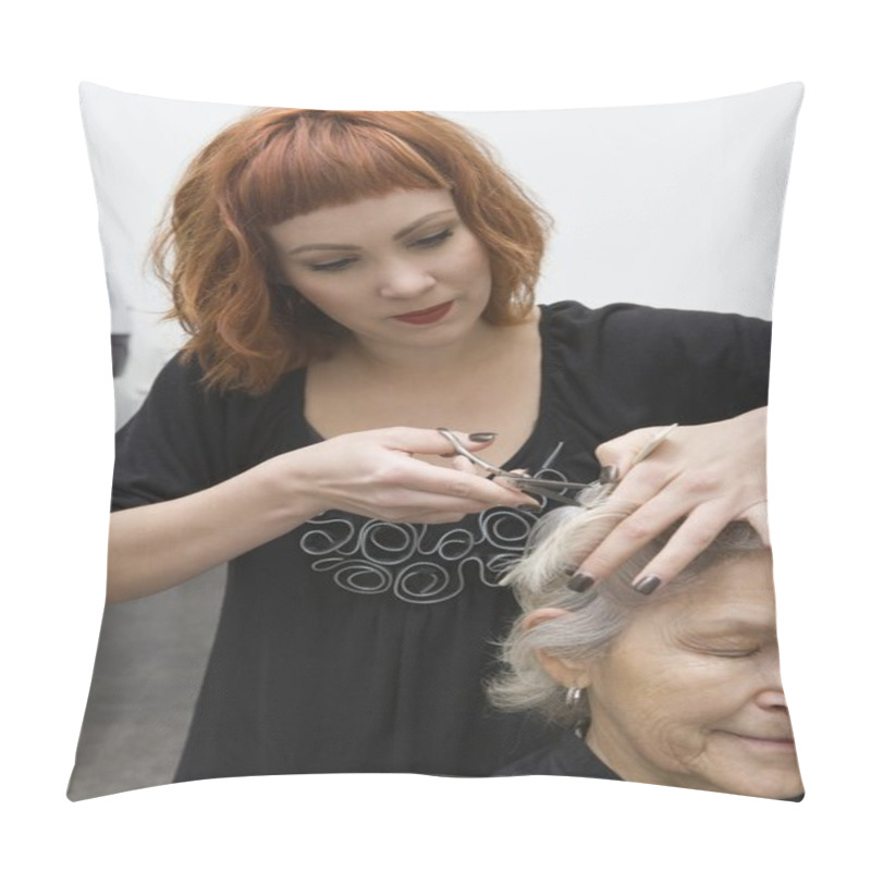 Personality  Stylist Cuts Elderly Woman's Hair Pillow Covers