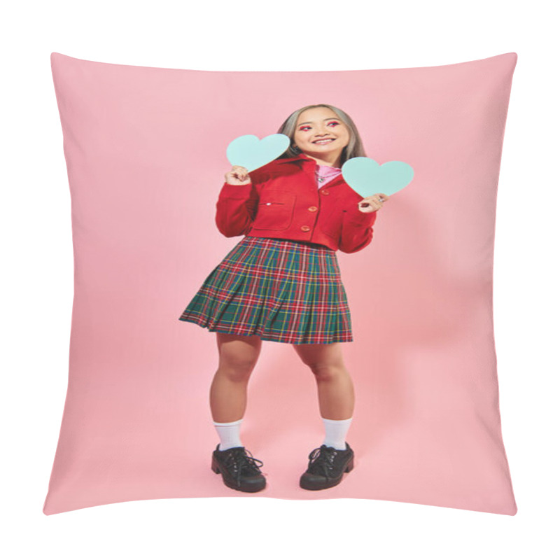 Personality  Valentines Day, Happy Asian Woman With Red Eye Makeup Holding Blue Carton Hearts On Pink Backdrop Pillow Covers