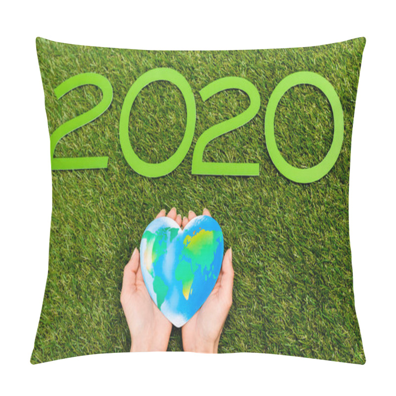 Personality  Cropped View Of 2020 Digits And Globe In Female Hands On Green, Earth Day Concept Pillow Covers