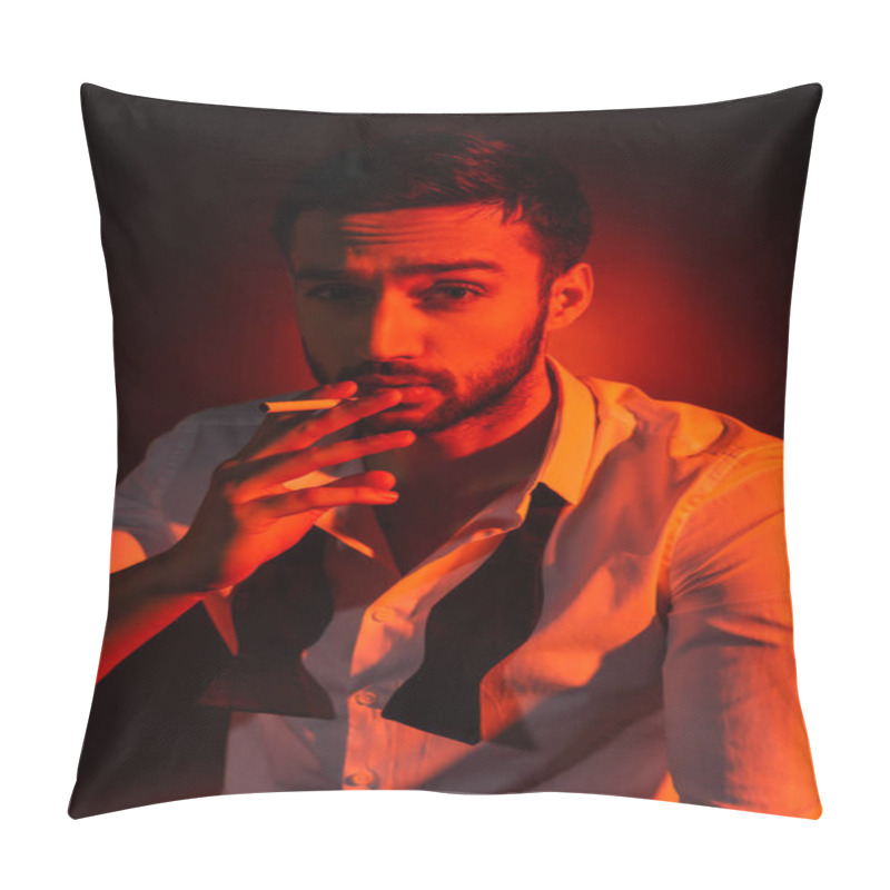 Personality  Bearded Man In Formal Wear Holding Cigarette On Black Background With Red Lighting Pillow Covers