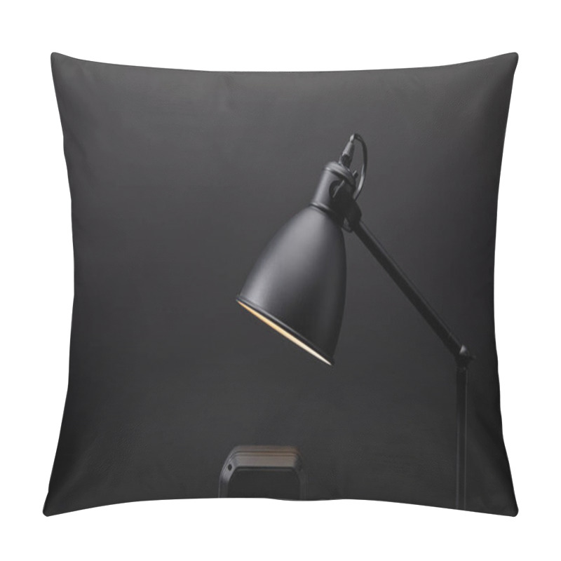 Personality  Close Up View Of Black Audio Speaker And Lamp On Black Wall Backdrop Pillow Covers