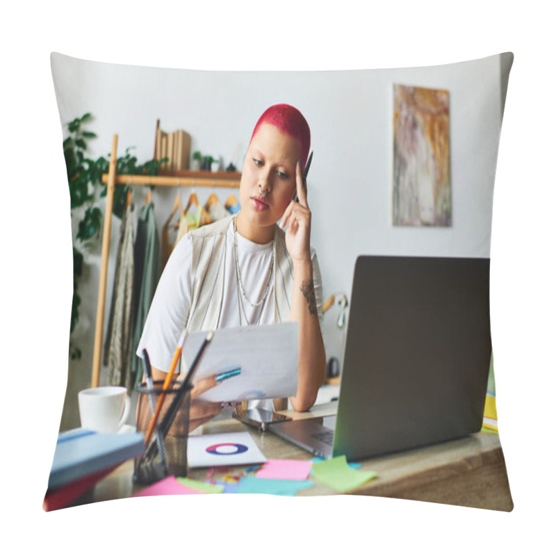 Personality  Engaged Young Woman Contemplates Her Thoughts Surrounded By Art Supplies At Her Workspace. Pillow Covers