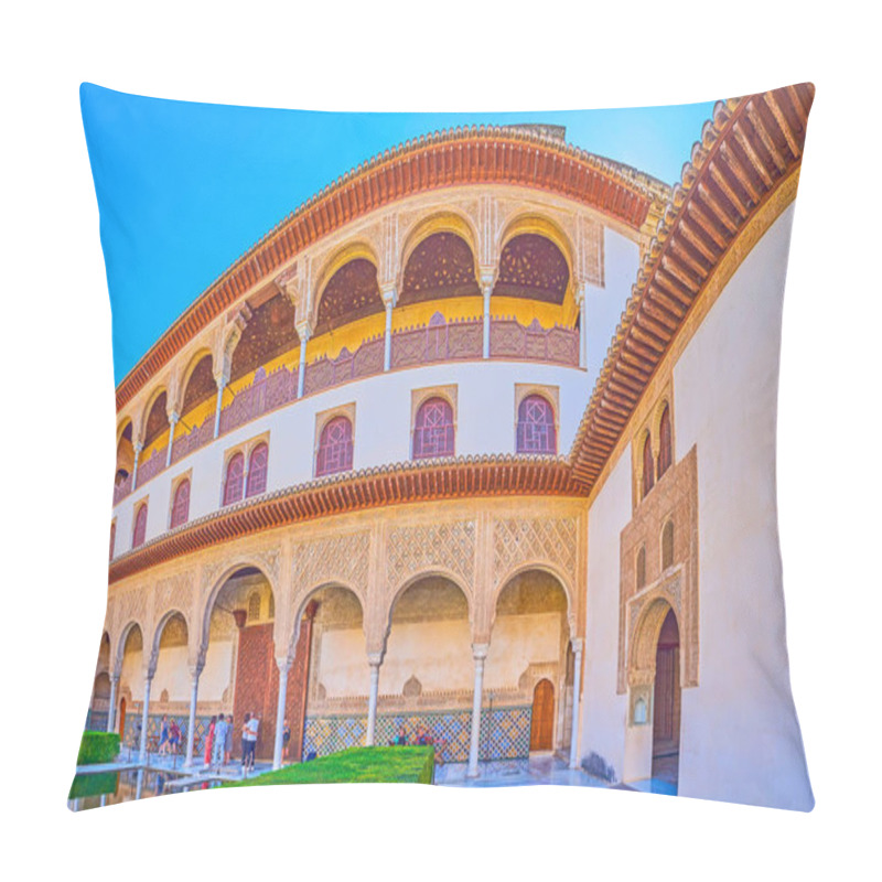 Personality  GRANADA, SPAIN - SEPTEMBER 25, 2019: The Court of Myrtles opens the view on scenic exteriors of Nasrid Palace, Alhambra, on September 25 in Granada pillow covers