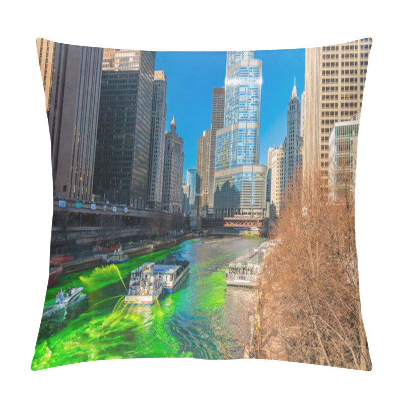 Personality  CHICAGO, USA - MAR 2019 :  Unrecognizable People And Tourist On The Yacht Running Over The Chicago River Walk In Saint Patrick's Day With Green Color River On March 16, 2019, In Chicago, Illinois, USA Pillow Covers