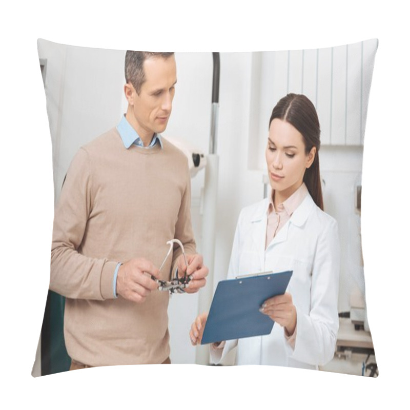 Personality  Portrait Of Patient With Trial Frame In Hands At The Oculists Reception In Clinic  Pillow Covers