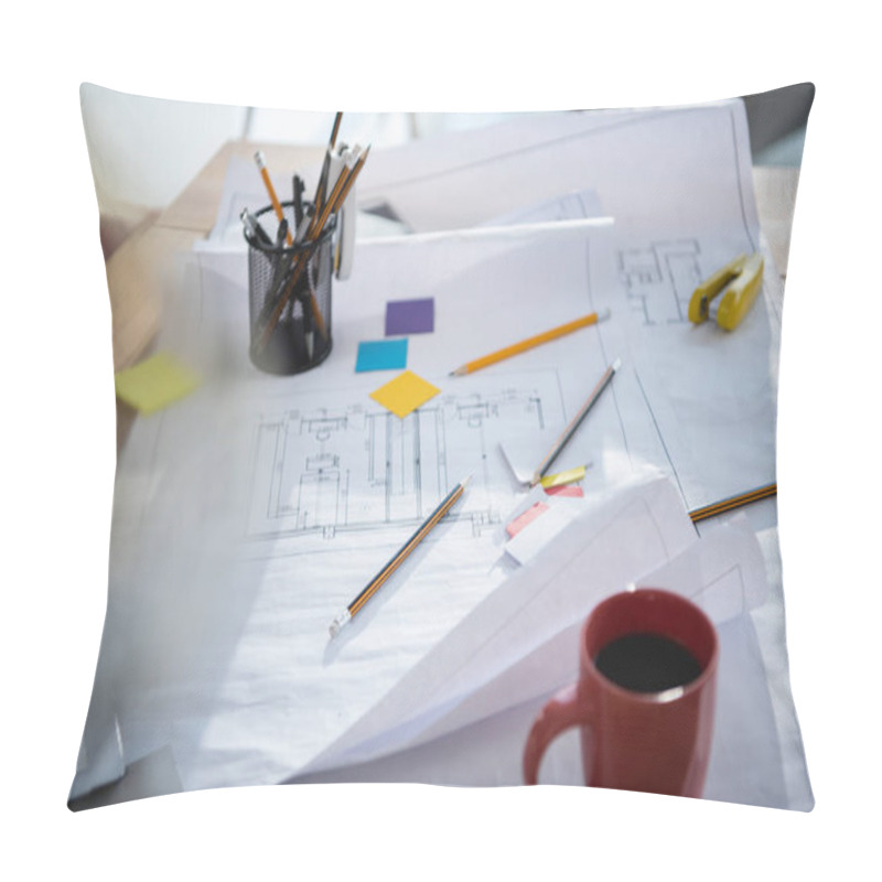 Personality  Blueprints And Office Supplies On Table  Pillow Covers