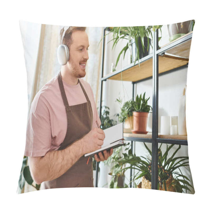 Personality  A Man Wearing Headphones Stands In Front Of A Shelf In A Plant Shop, Immersed In His Own World. Pillow Covers