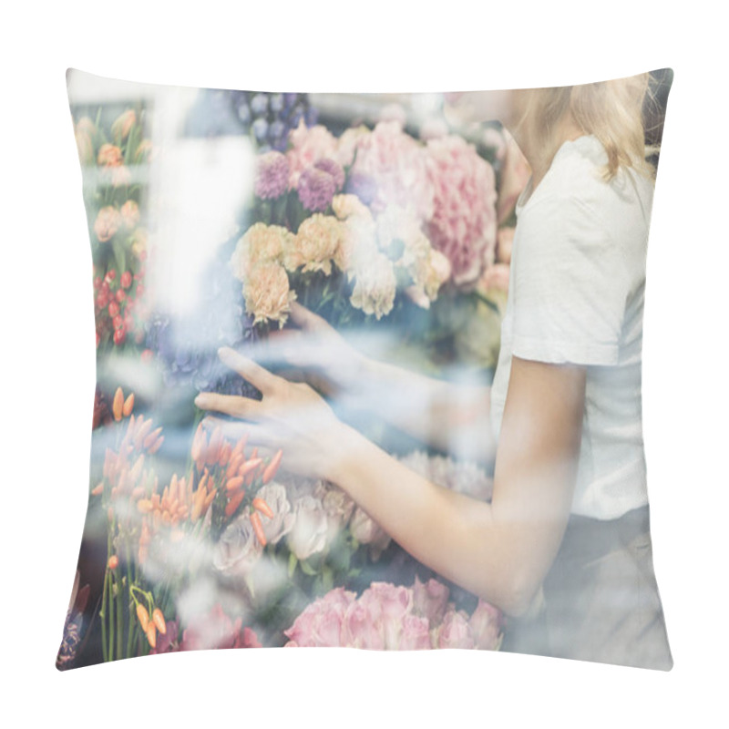 Personality  Cropped Image Of Florist Taking Care Of Bouquets In Flower Shop Pillow Covers