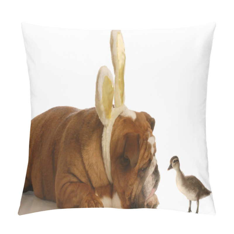 Personality  English Bulldog Wearing Bunny Ears Looking At Baby Duck Pillow Covers