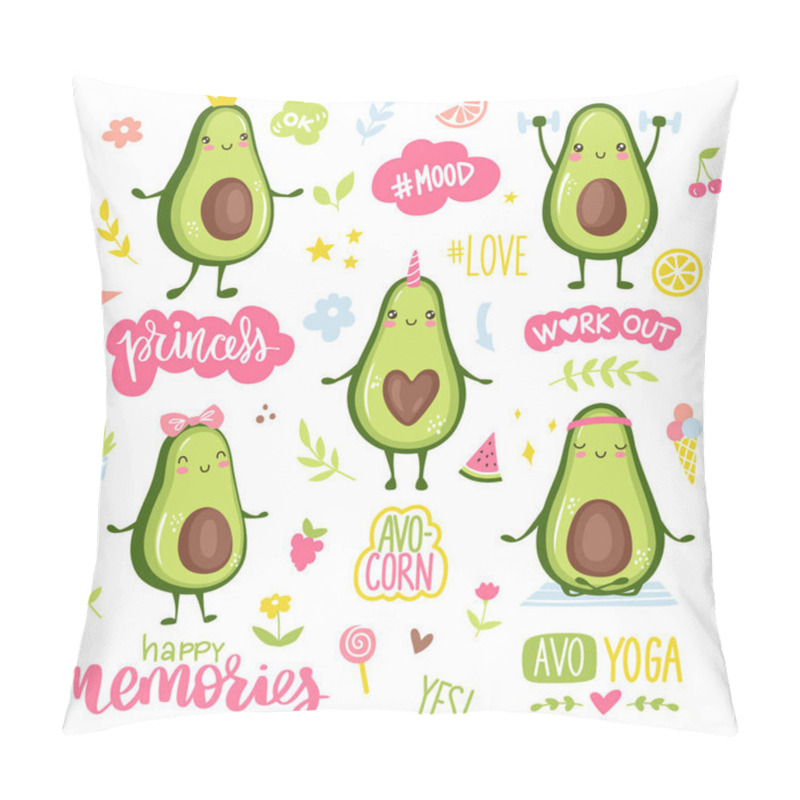 Personality  Cartoon Avocado Characters. Funny And Happy Fruits Stickers Collection Pillow Covers