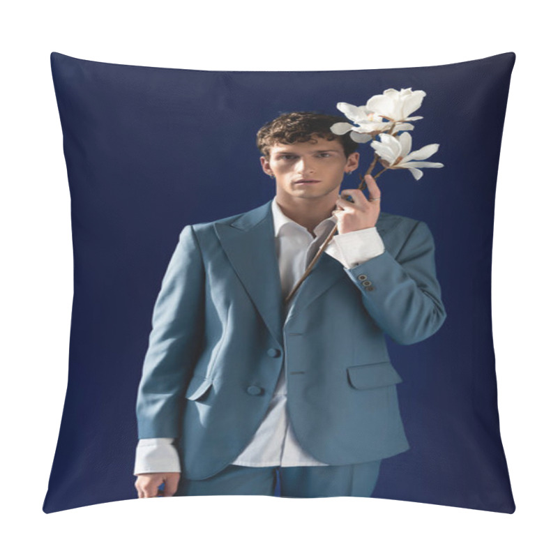 Personality  Trendy Young Man In Suit Holding Branch Of Magnolia Isolated On Navy Blue  Pillow Covers