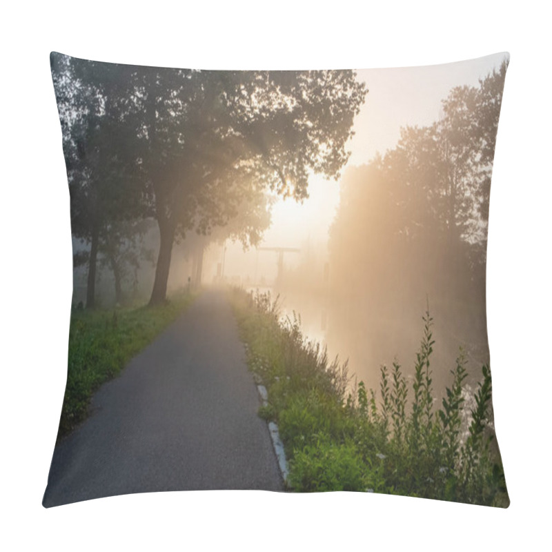 Personality  This Image Invites The Viewer Into A Serene Journey Along A Path That Cuts Through A Landscape Shrouded In The Soft Embrace Of Early Morning Mist. The Sun, A Hazy Orb In The Sky, Filters Its Light Pillow Covers